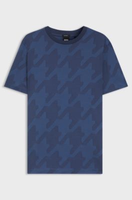 Mercerised-cotton T-shirt with houndstooth jacquard, Blue