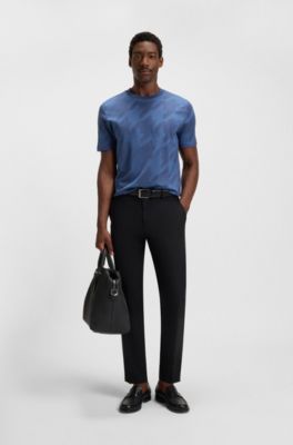 T-shirt van gemerceriseerde katoen met pied-de-poule-jacquard, Blauw