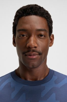 T-shirt van gemerceriseerde katoen met pied-de-poule-jacquard, Blauw