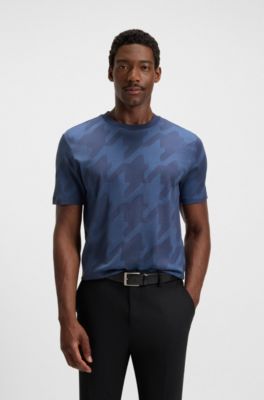 Mercerised-cotton T-shirt with houndstooth jacquard, Blue