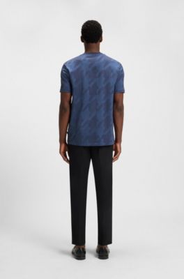 T-shirt van gemerceriseerde katoen met pied-de-poule-jacquard, Blauw