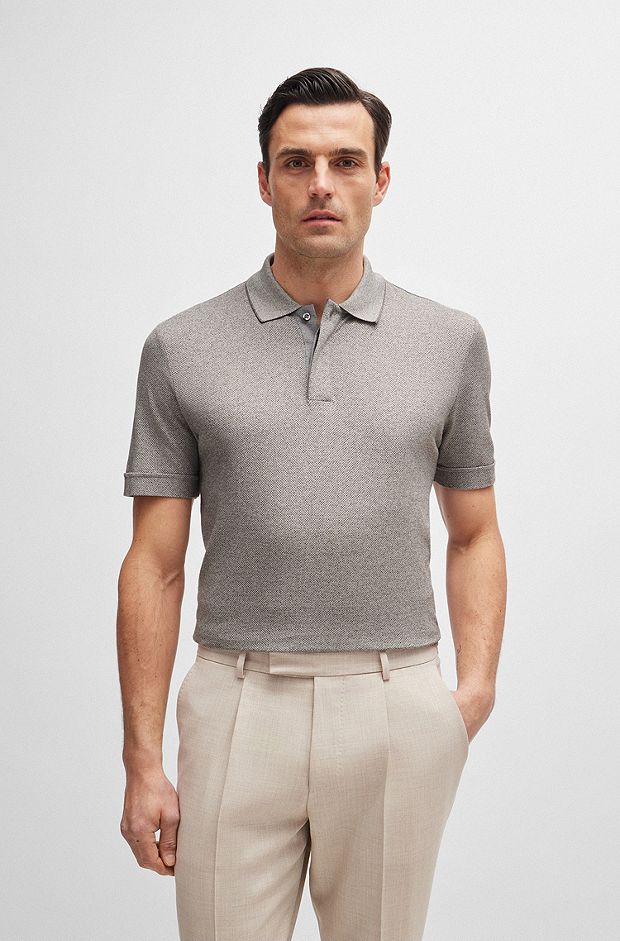 Regular-fit polo shirt in mouliné cotton and silk, Grey