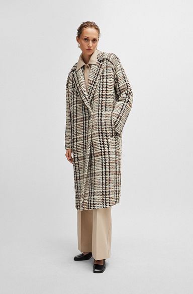 Oversized-fit coat in checked fabric with wool, Beige Patterned