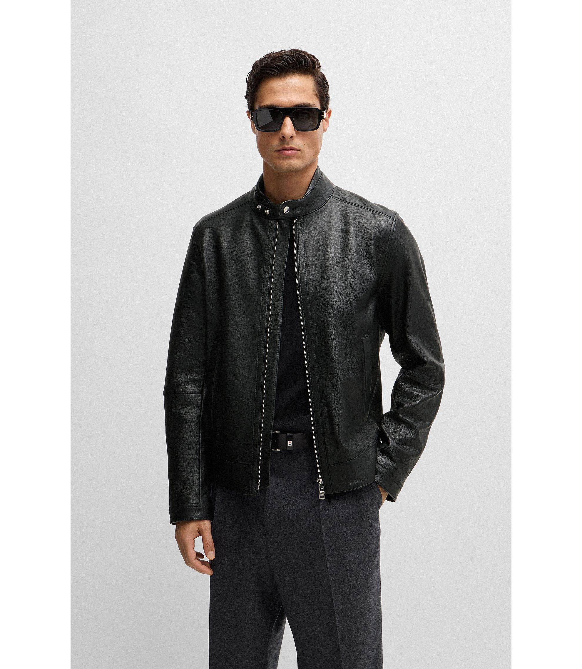 BOSS - Regular-fit jacket in grained leather - Black BOSS - Regular-fit jacket in grained leather - Black