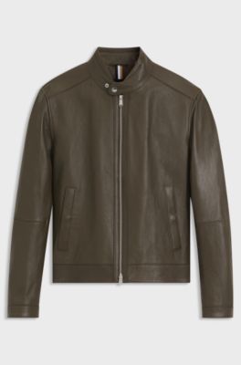 Regular-fit jacket in grained leather, Brown