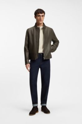 Regular-fit jacket in grained leather, Brown