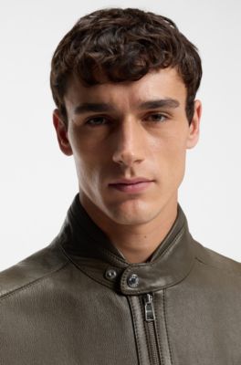 Regular-fit jacket in grained leather, Brown