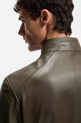 Regular-fit jacket in grained leather, Brown
