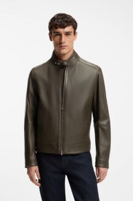 Regular-fit jacket in grained leather, Brown