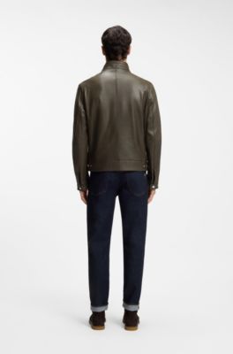 Regular-fit jacket in grained leather, Brown