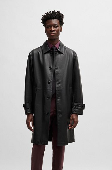 Regular-fit coat in jersey-bonded leather, Black
