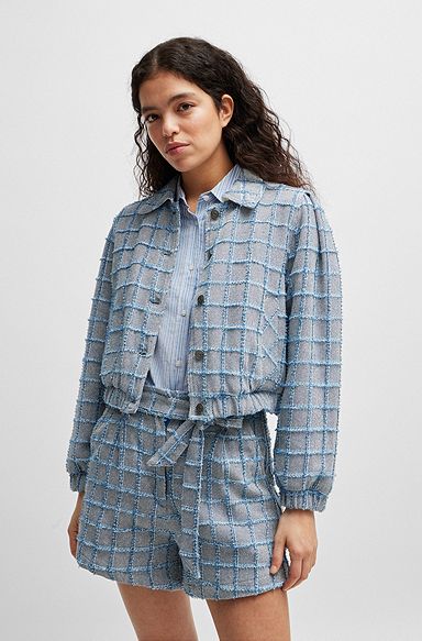 Cotton-blend tweed jacket with denim check, Blue Patterned