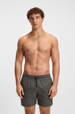 Printed swim shorts with logo badge, Black