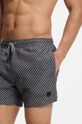 Micro-print swim shorts with logo badge, Grey
