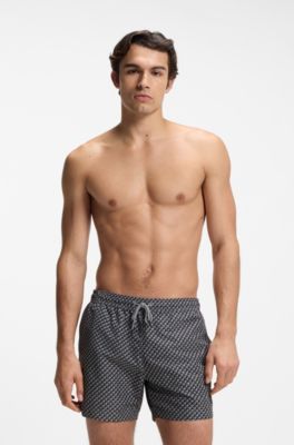 Micro-print swim shorts with logo badge, Grey
