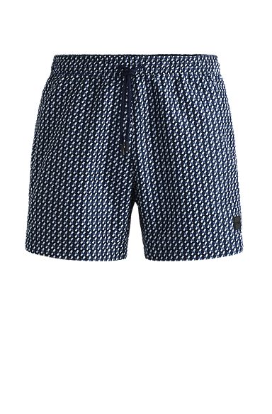 Logo-label swim shorts with seasonal pattern, Dark Blue