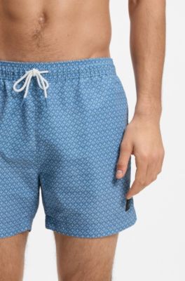 Micro-print swim shorts with logo badge, Light Blue