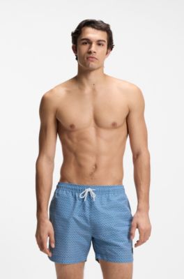 Micro-print swim shorts with logo badge, Light Blue