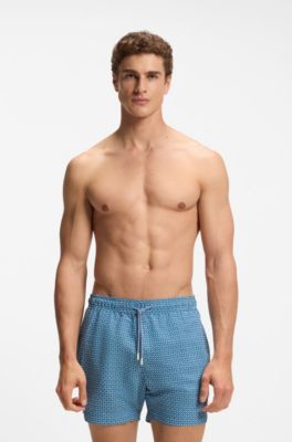 Micro-print swim shorts with logo badge, Light Blue