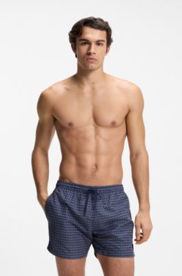 Printed swim shorts with logo badge, Blue