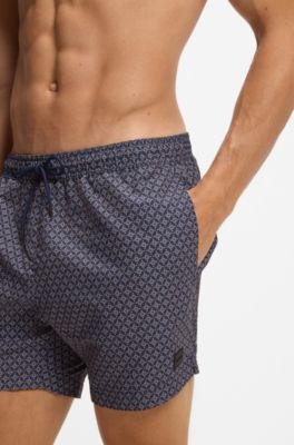 Micro-print swim shorts with logo badge, Blue