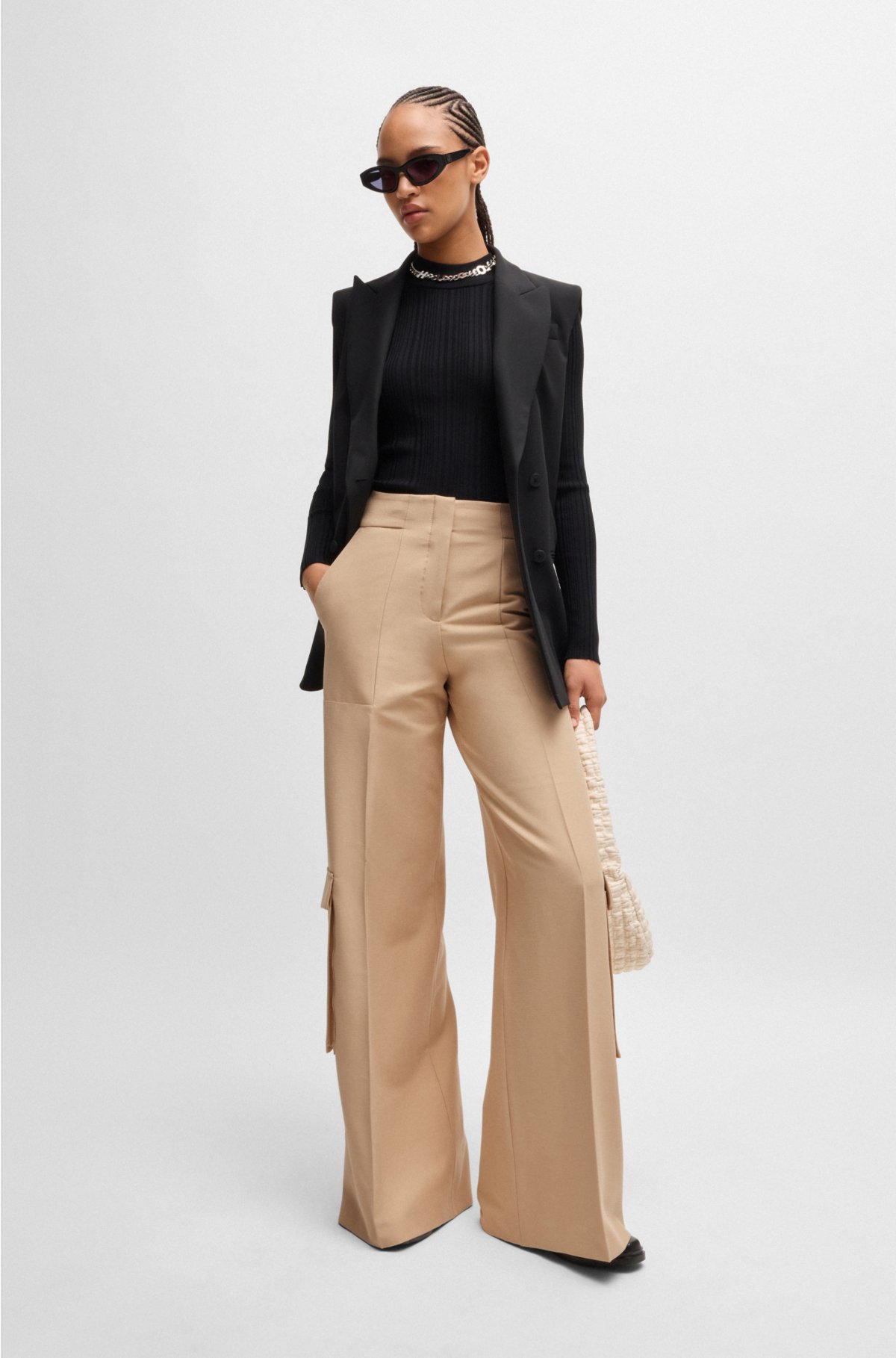 Regular-fit cargo trousers with wide leg, Light Beige