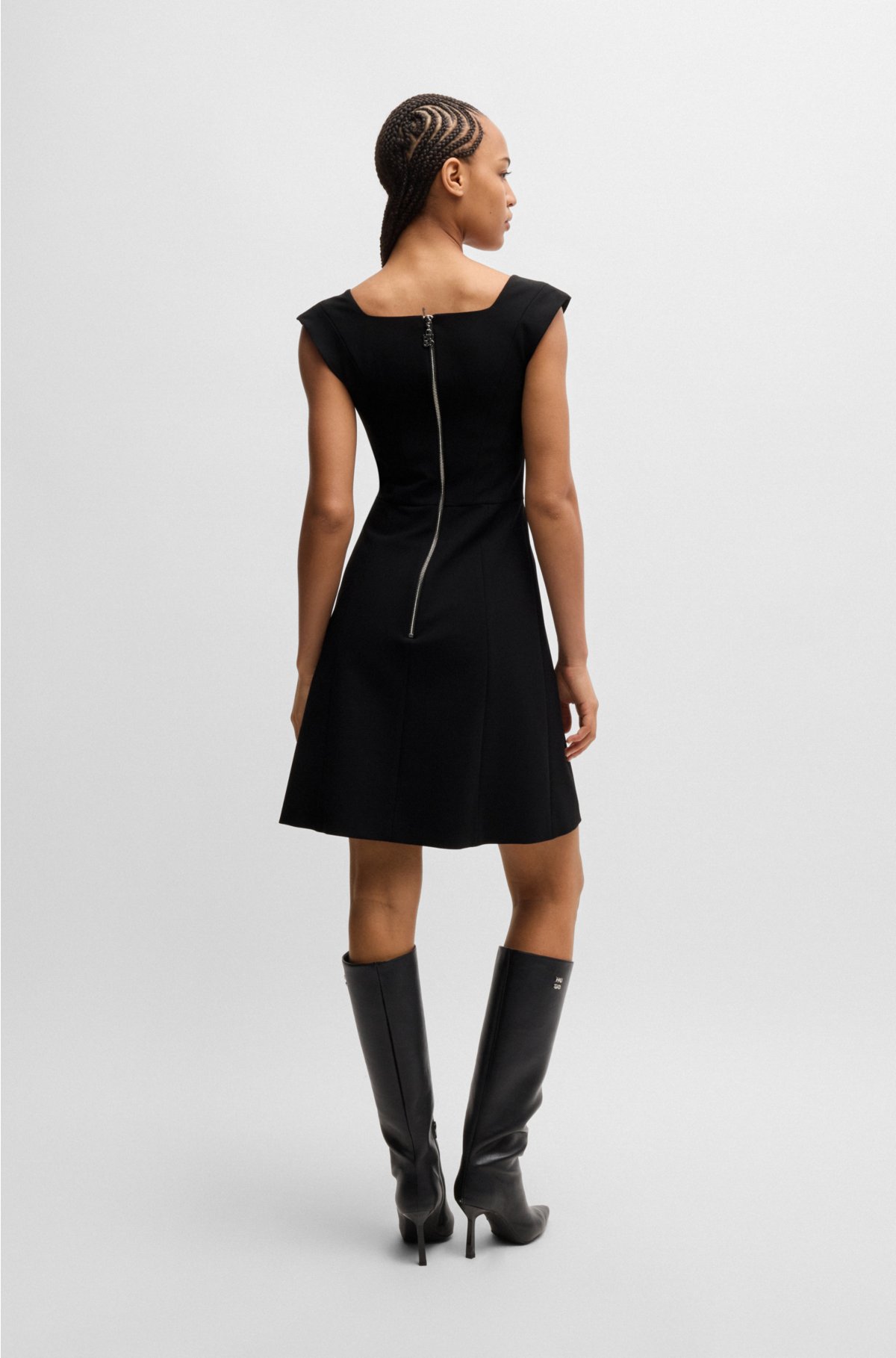 Square-neck dress in stretch fabric, Black