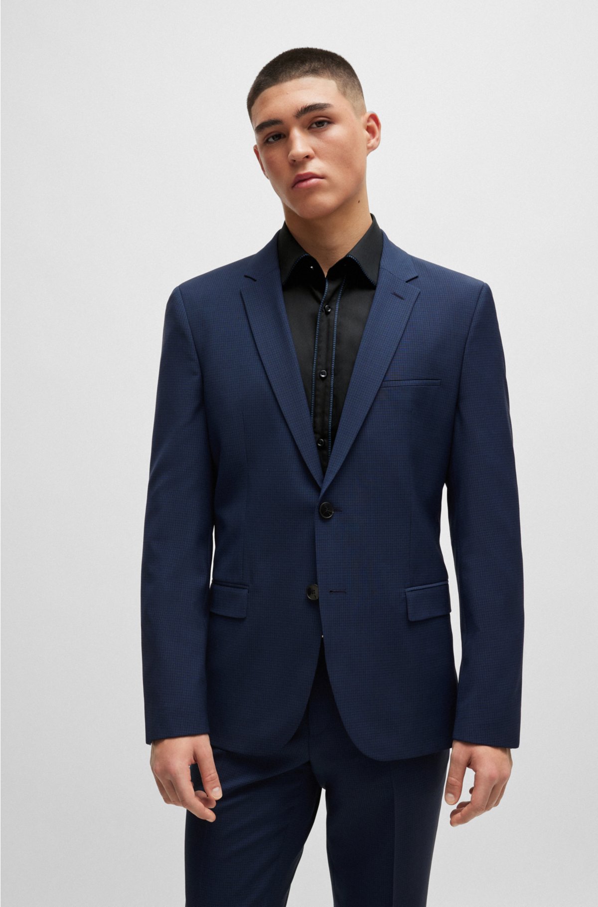 Extra-slim-fit suit in houndstooth virgin wool, Dark Blue