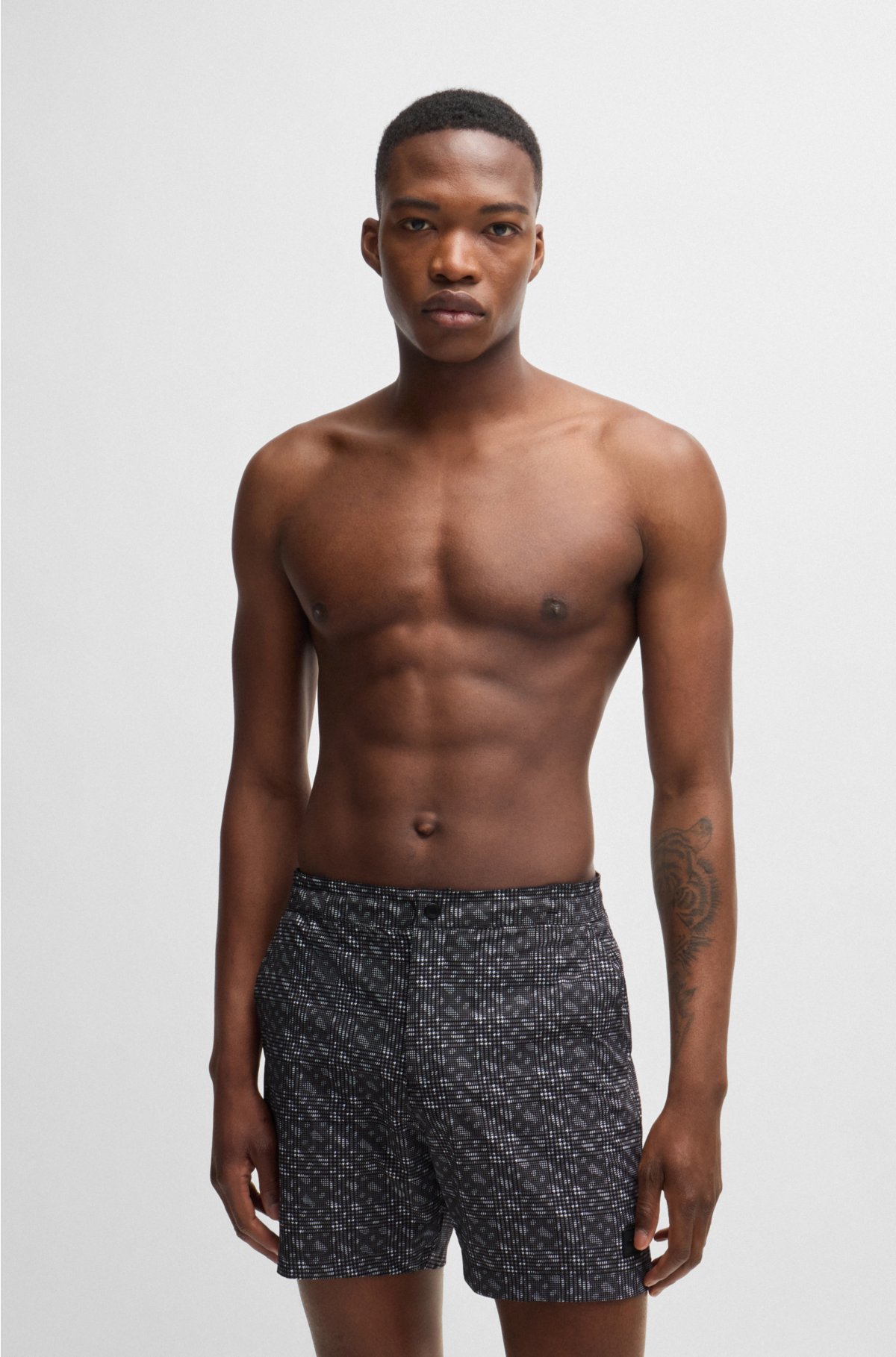 Quick-dry swim shorts with monogram print, Black