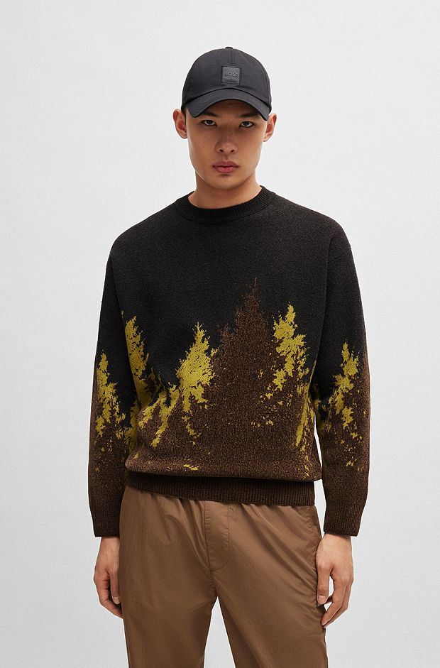 Relaxed-fit sweater with forest jacquard in cotton blend, Brown