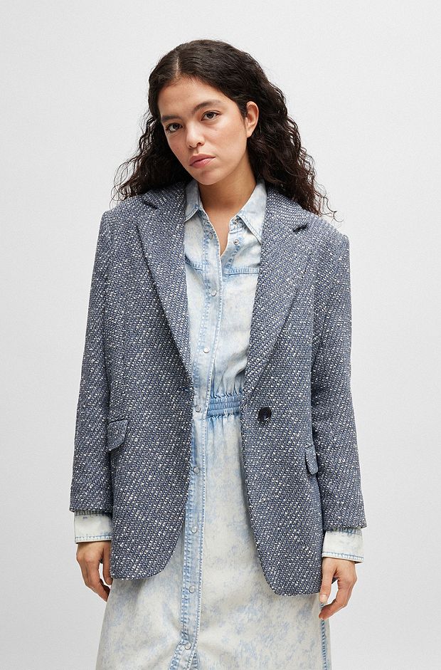 Single-button jacket in denim-effect tweed, Blue Patterned
