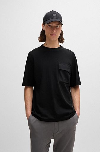 Cotton-jersey T-shirt with branded cargo pocket, Black