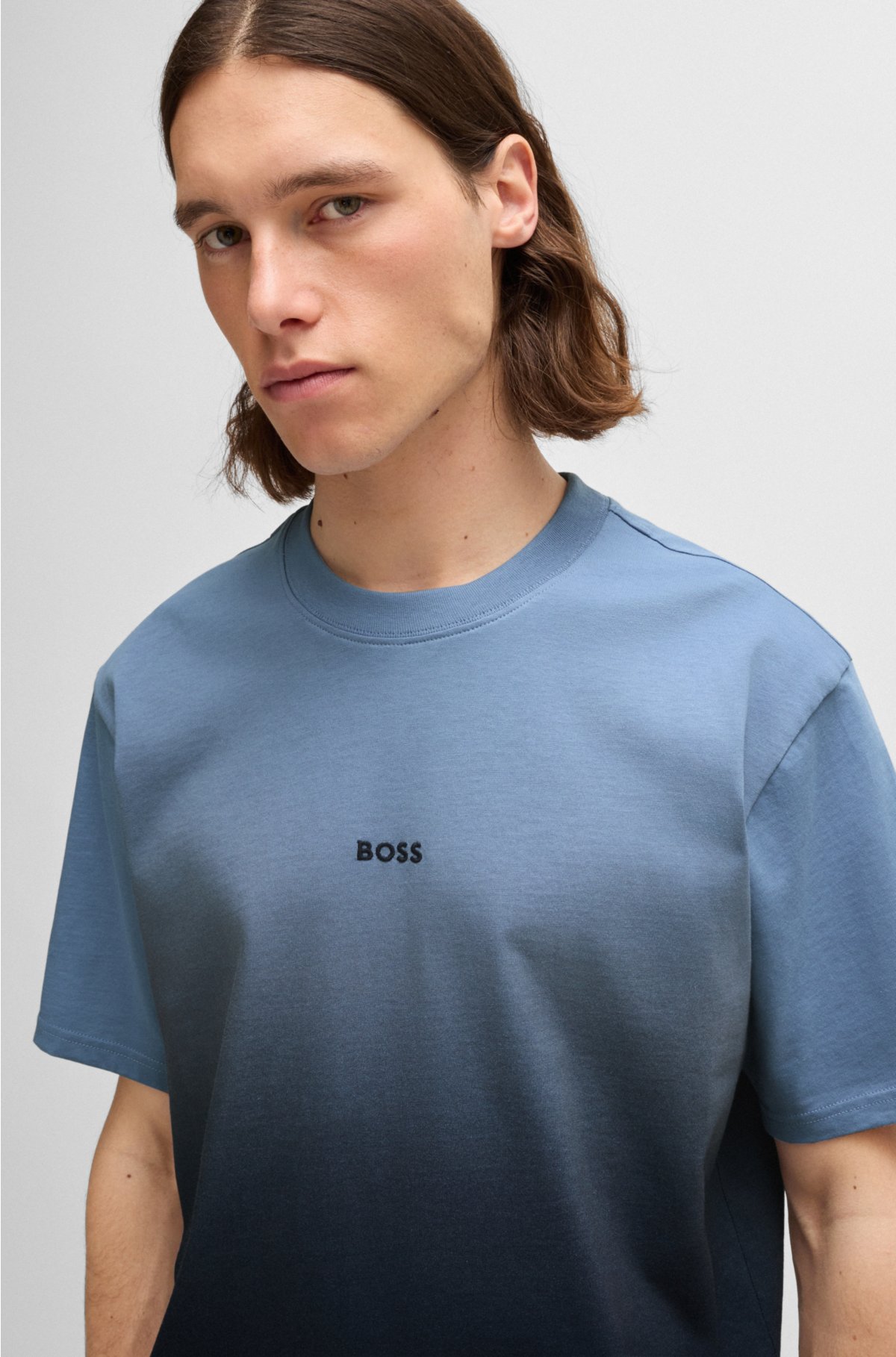 Cotton-jersey T-shirt with dip-dye finish, Light Blue