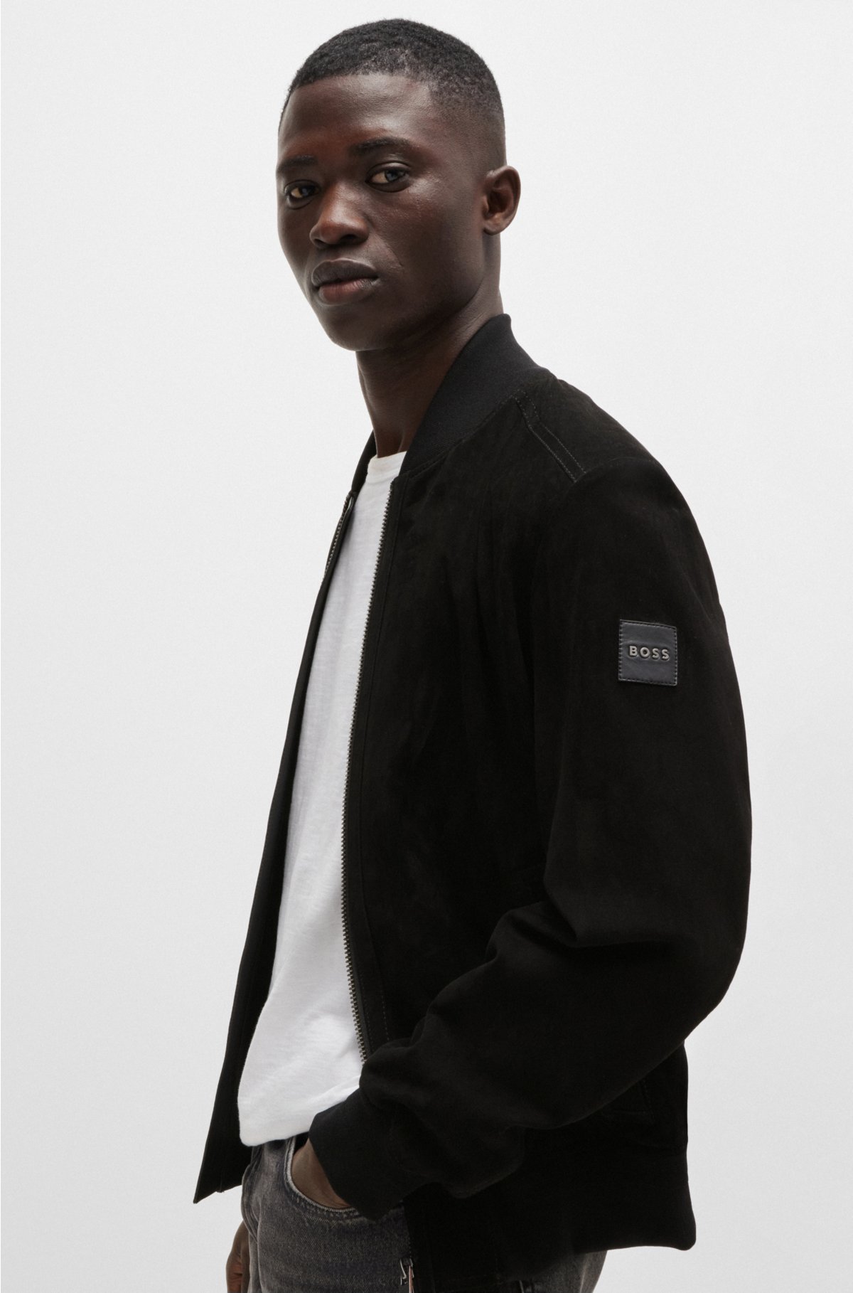 Suede bomber jacket with ribbed trims, Black