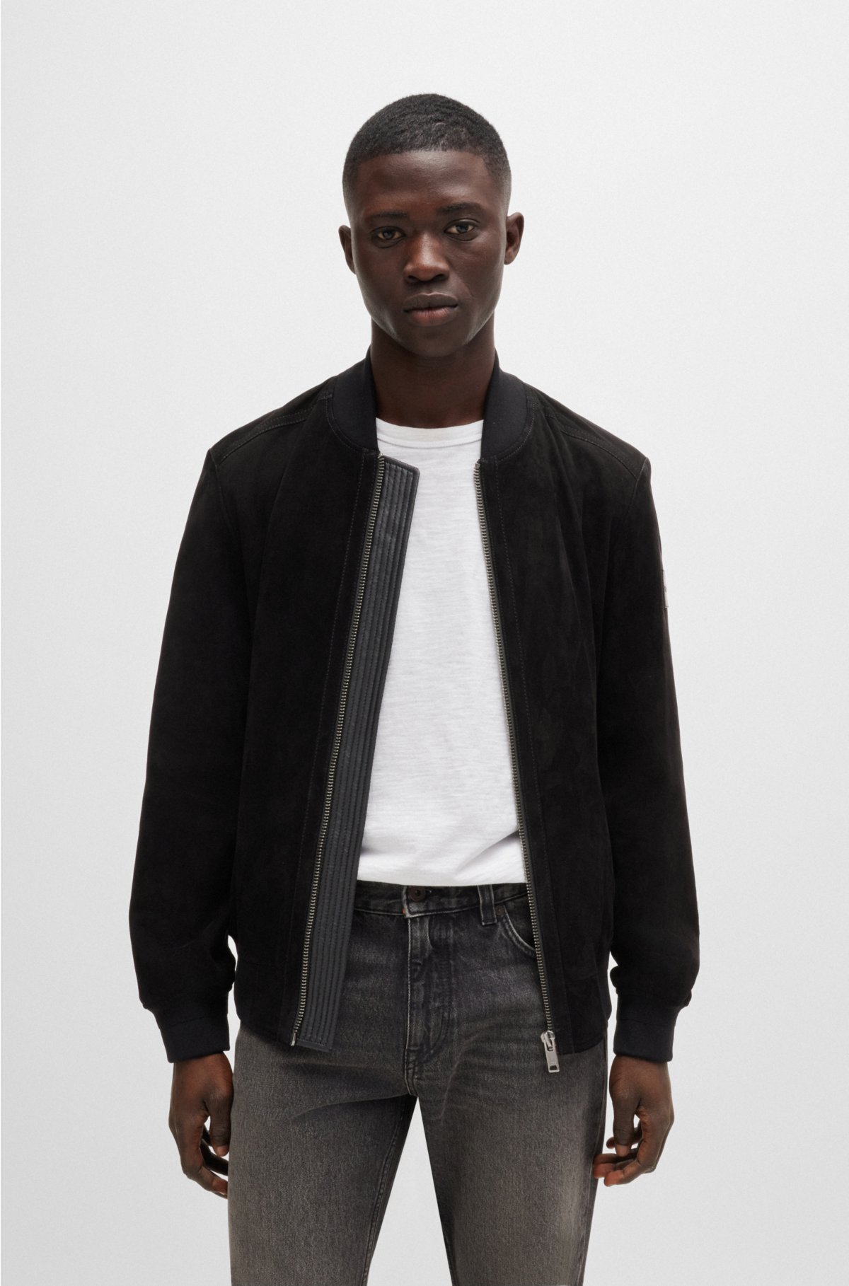 BOSS - Suede bomber jacket with ribbed trims