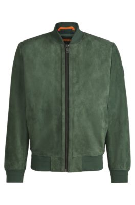 BOSS Suede bomber jacket with ribbed trims Green