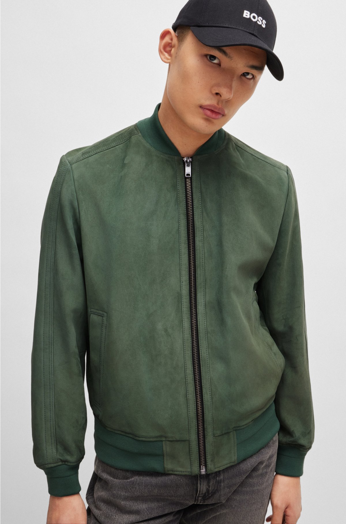 Suede bomber jacket with ribbed trims, Green