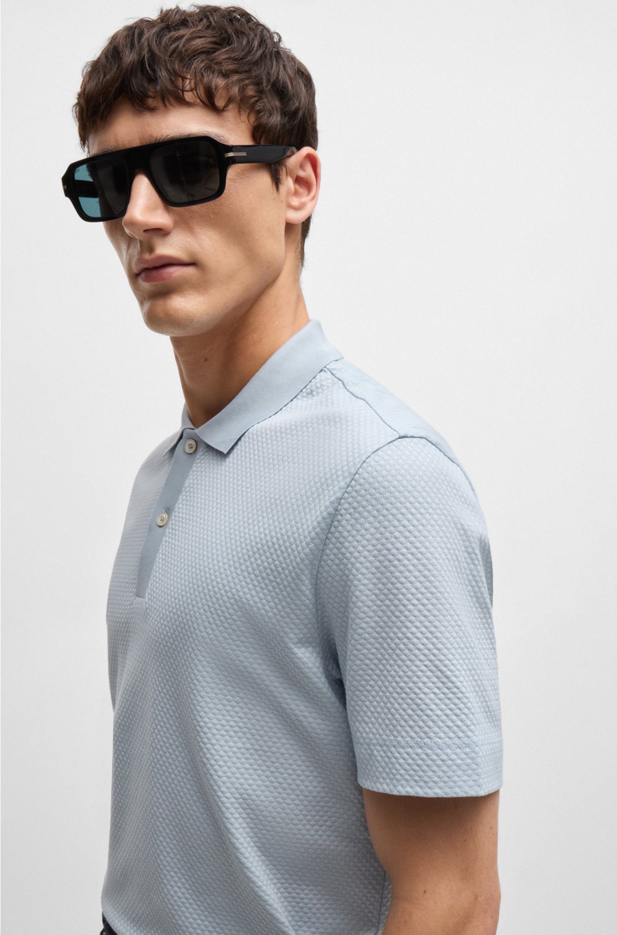 Cotton-silk polo shirt with bubble structure, Light Blue