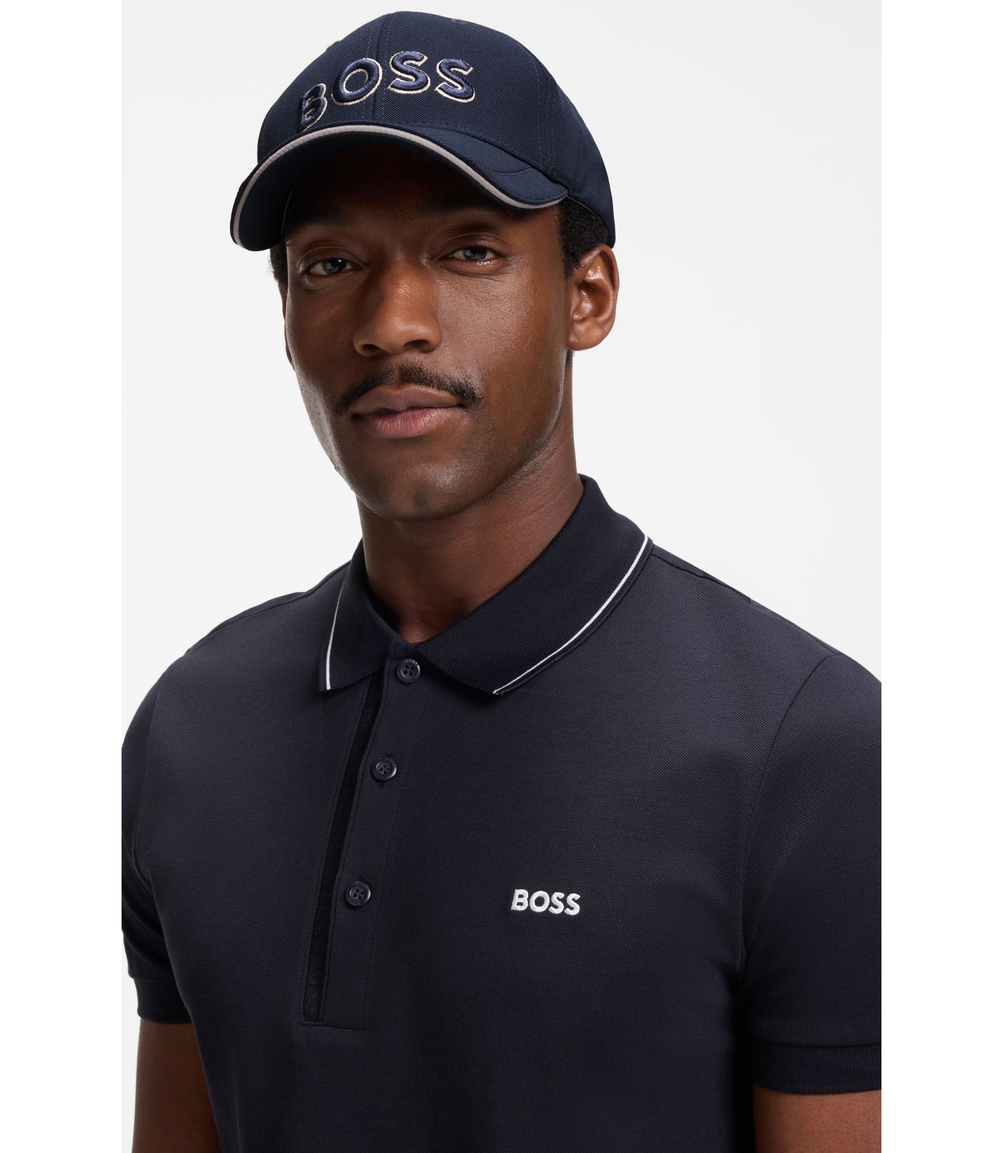 BOSS - Knitted-piqué six-panel cap with embroidered logo - Dark Blue