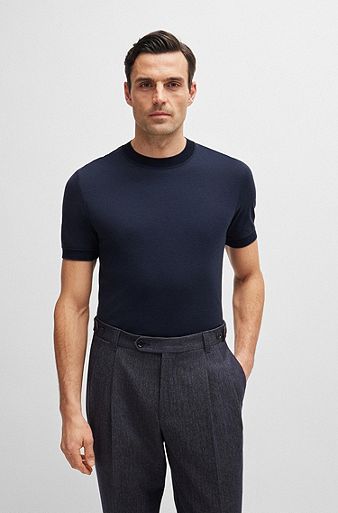 Regular-fit T-shirt in two-tone cotton and cashmere, Dark Blue