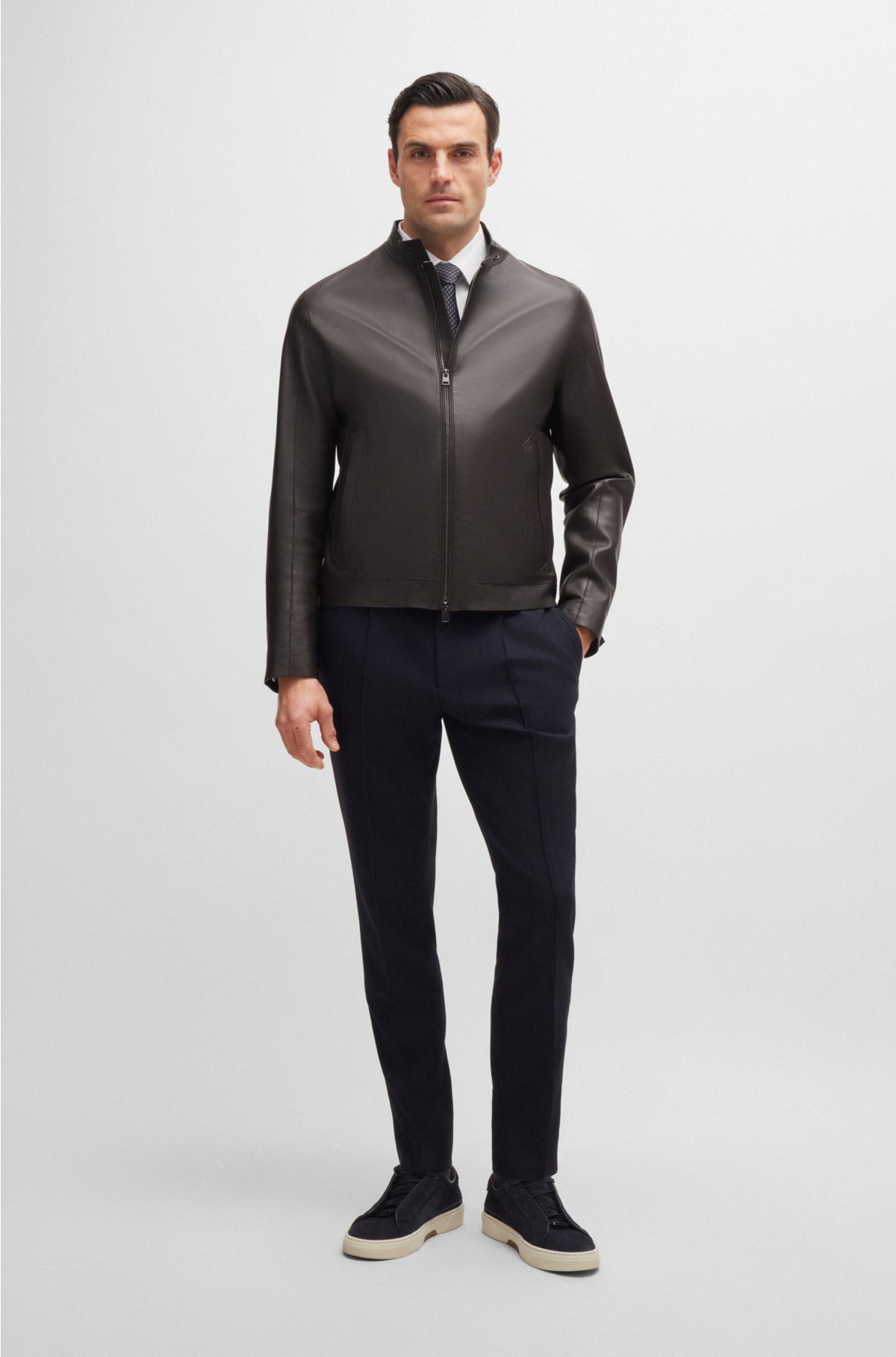Regular-fit jacket in jersey-bonded leather, Dark Brown