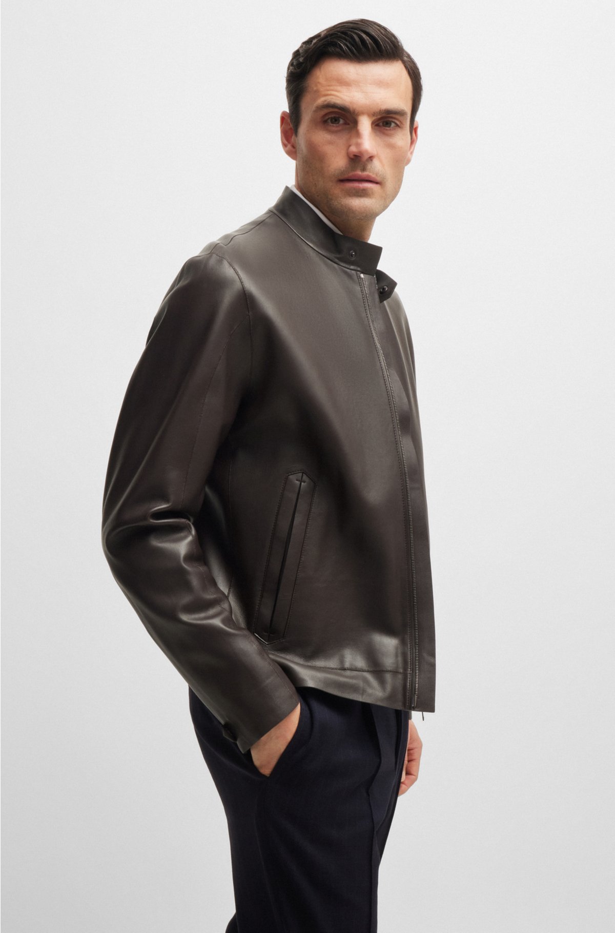 Regular-fit jacket in jersey-bonded leather, Dark Brown