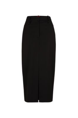 Maxi skirt with high front slit in stretch fabric, Black
