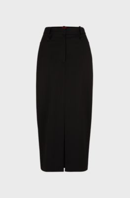 Maxi skirt with high front slit in stretch fabric, Black
