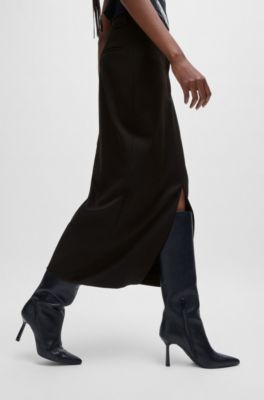 Maxi skirt with high front slit in stretch fabric, Black