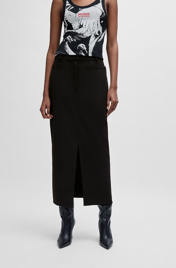 Maxi skirt with high front slit in stretch fabric, Black
