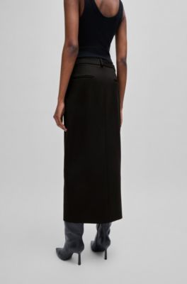 Maxi skirt with high front slit in stretch fabric, Black