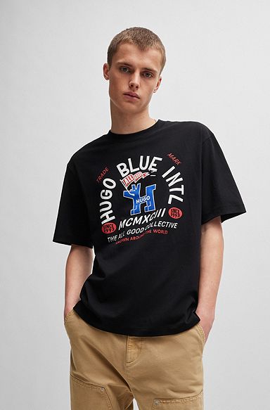 Cotton-jersey regular-fit T-shirt with seasonal graphics, Black