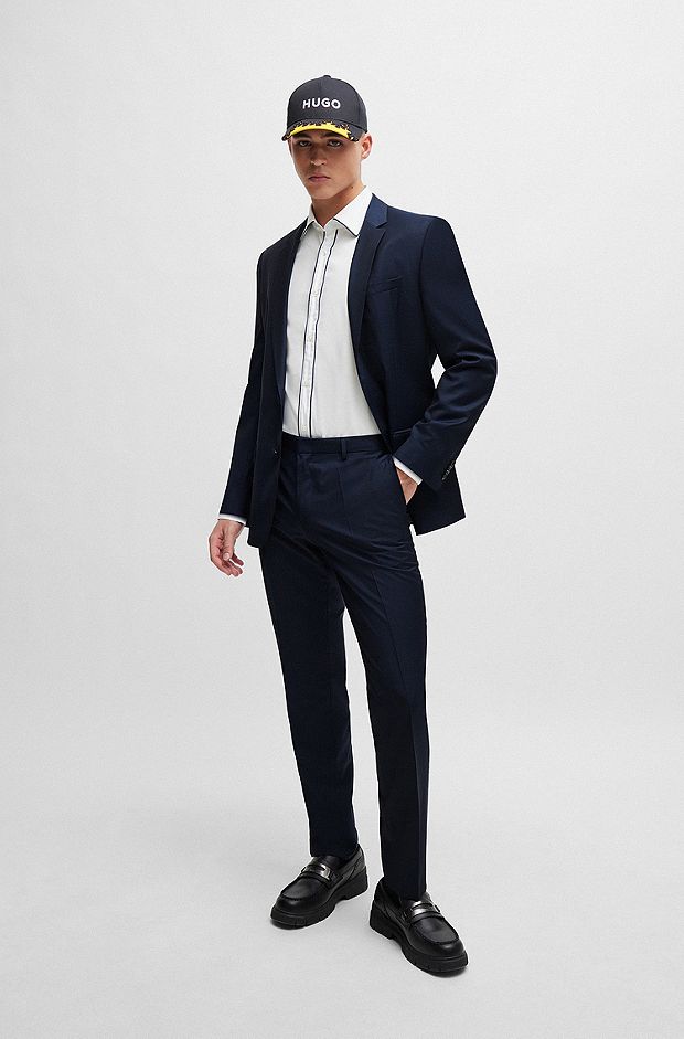Slim-fit suit in patterned virgin-wool canvas, Dark Blue