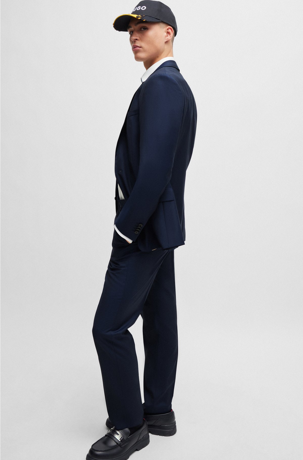 Slim-fit suit in patterned virgin-wool canvas, Dark Blue